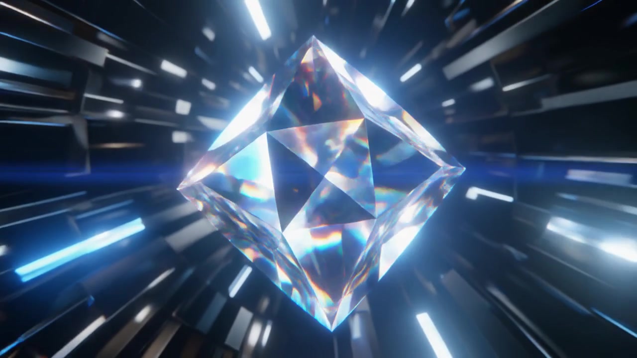 Cubo di diamante rotante che fluttua in un tunnel digitale astratto