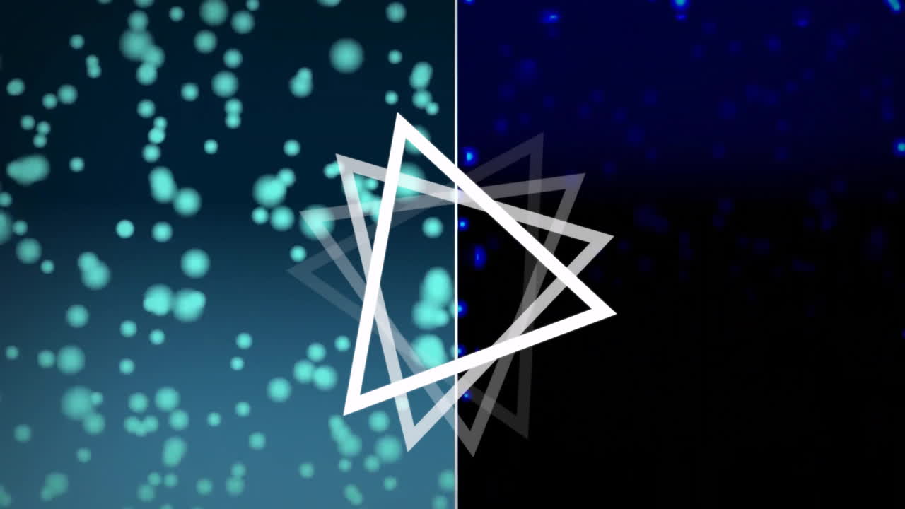 Triangle shape animation over blue and black background with glowing particles