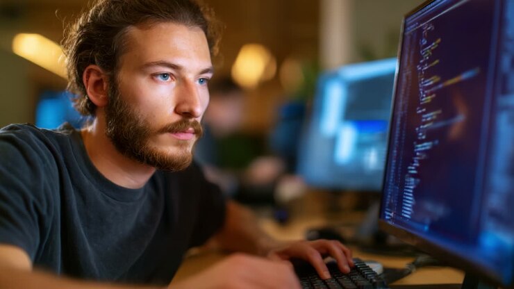 Focused Programmer Engaged in Coding on Computer, Analyzing Complex Code Structures while Working in Modern Office Environment with Multiple Screens