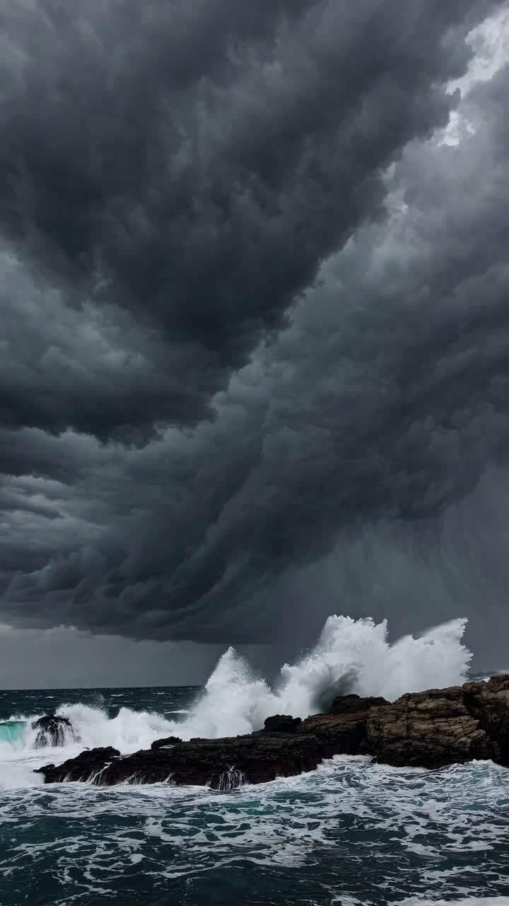 Prise de vue spectaculaire en contre-plongée d’une mer agitée et de nuages sombres, capturant la puissance brute de la nature