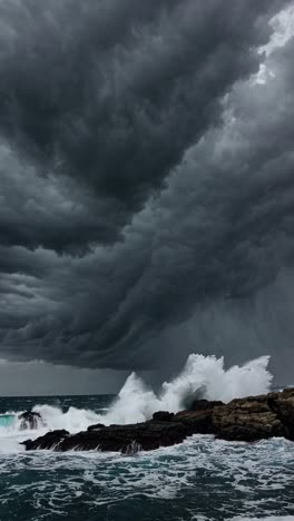 Dramatic low-angle shot of stormy sea and dark clouds, capturing the raw power of nature