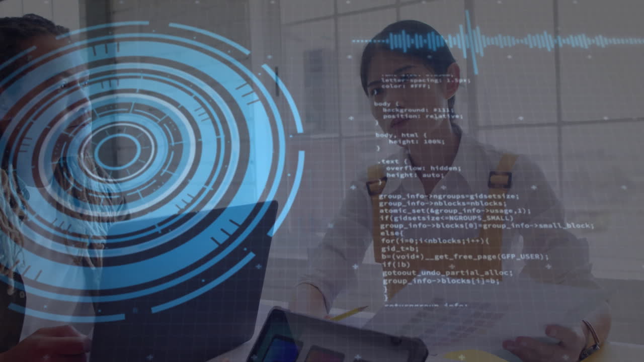 Futuristic data interface animation over person working on laptop in office