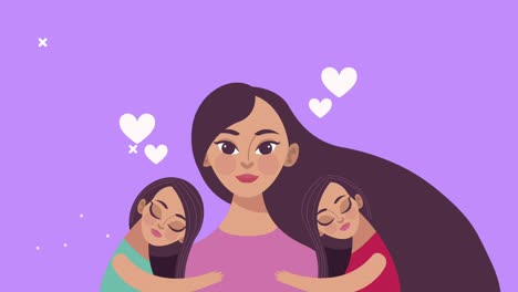 cute mother and daughters characters with hearts