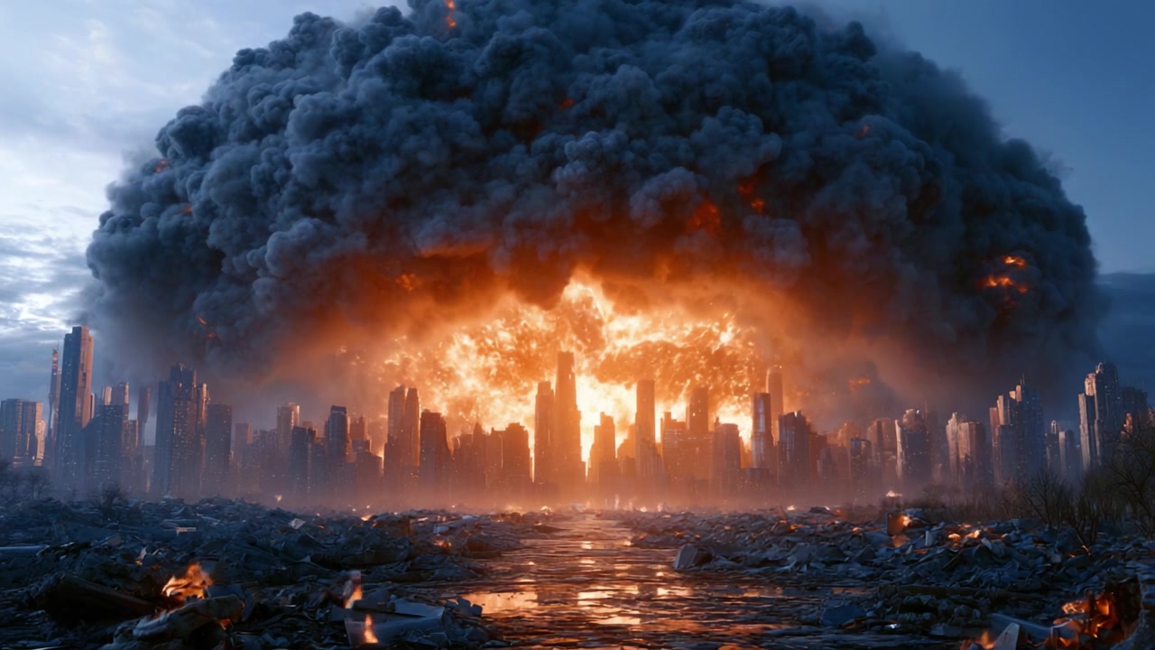 Un'esplosione catastrofica illumina uno skyline scuro, inviando onde d'urto nel cuore di un paesaggio urbano, mentre fiamme e fumo consumano la città sottostante.