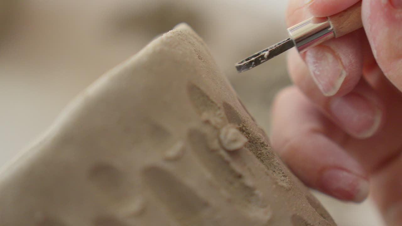 Masterfully etching intricate designs into soft clay with a specialized tool, showcasing artisan's delicate touch