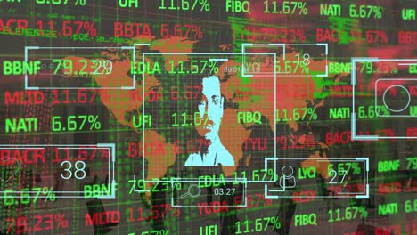 animación digital de iconos de perfiles múltiples y procesamiento de datos del mercado de valores sobre el mapa del mundo