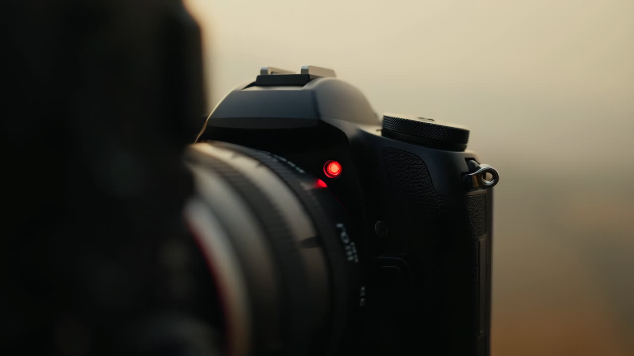 A close-up view of a digital camera with a red indicator light active, suggesting it's recording or in a specific mode