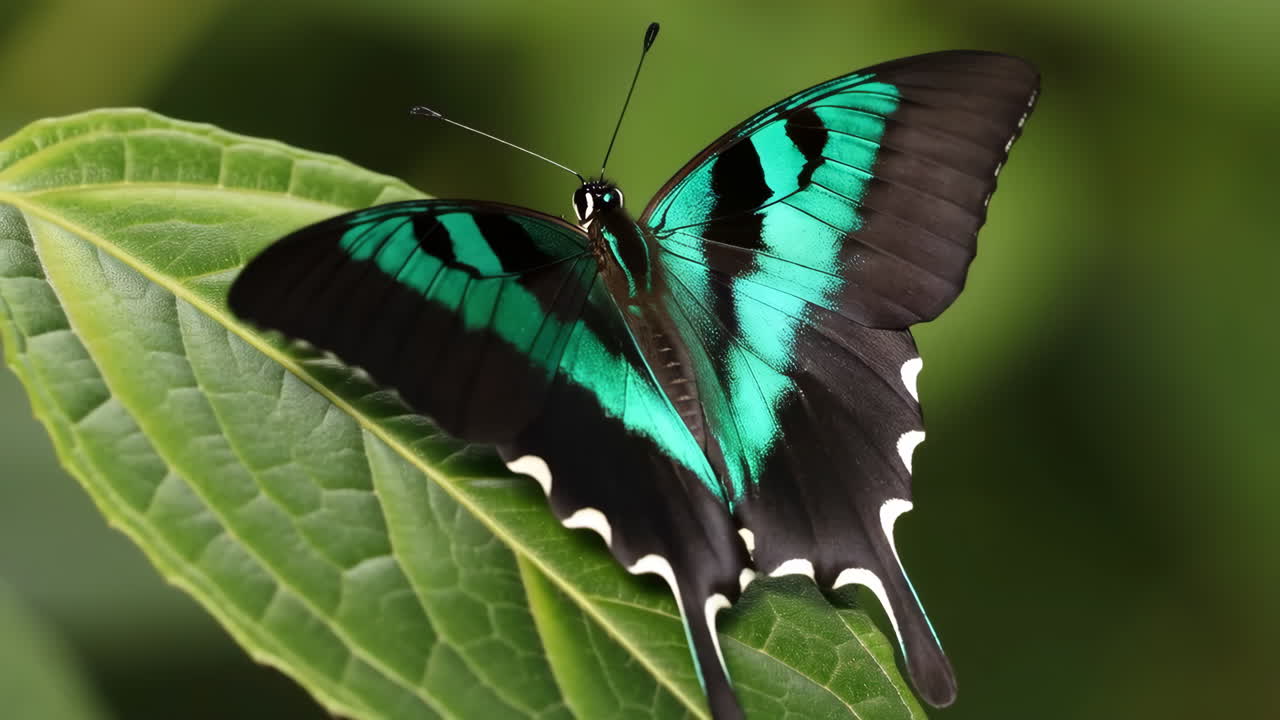 Vibrant Green and Black Butterfly Resting on a Large Leaf