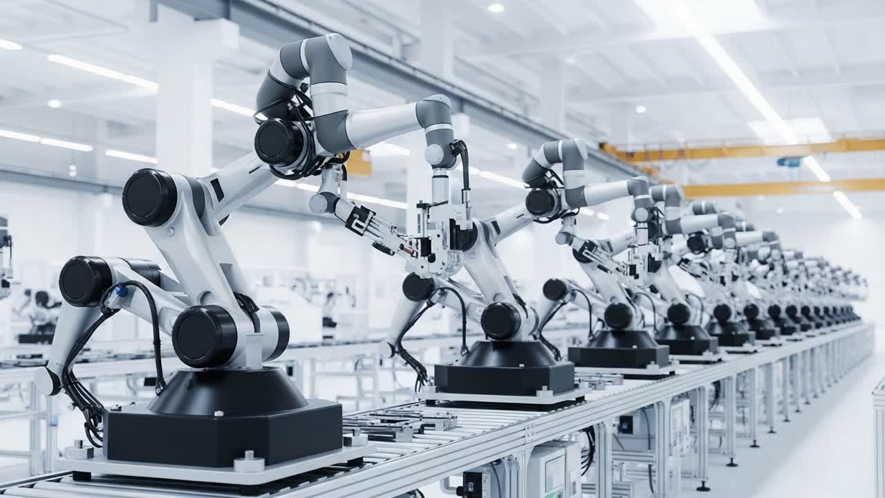 Advanced Robotics in Manufacturing: A Series of Automated Robotic Arms Optimizing Production Efficiency and Precision in a Modern Industrial Environment