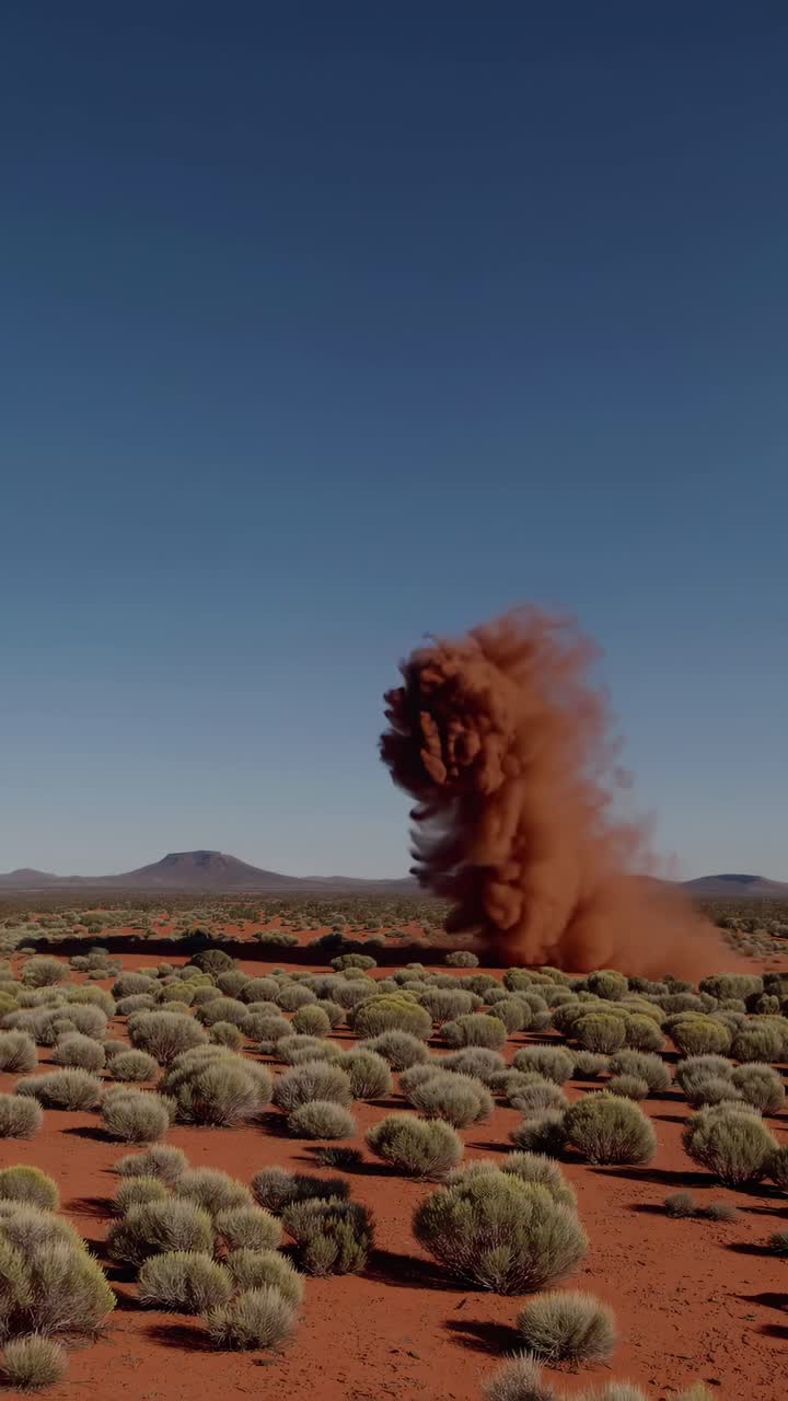 Aerial video shot of a vast desert landscape with sparse bushes and a lone kangaroo