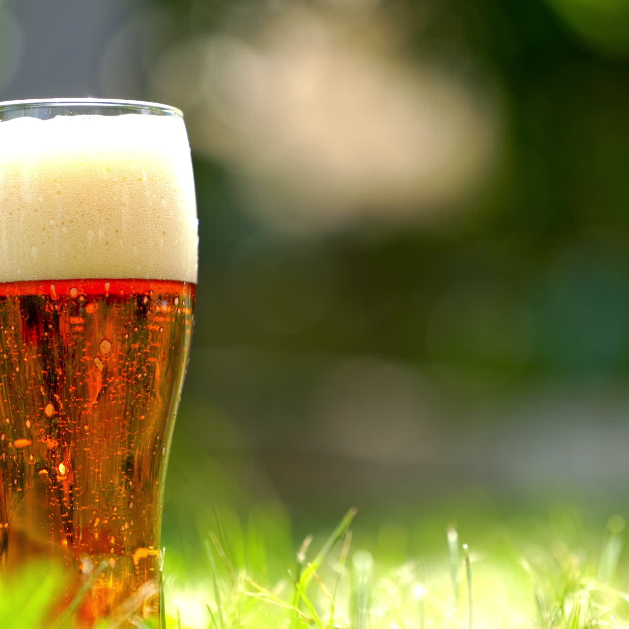 Glass of cold beer on the grass. Close-up dark beer with white foam. Full pint with bubbles outdoors in summer.