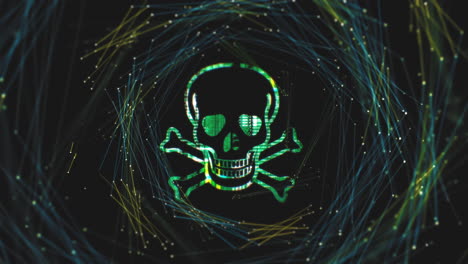 ataque de virus de red de cráneo verde en túnel de flujo de datos en internet