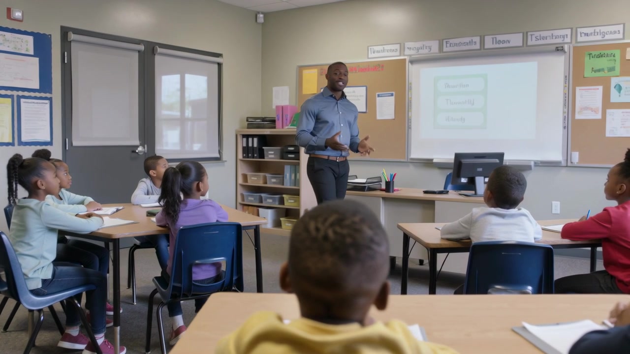 Starting lesson, male teacher in blue shirt teaching in classroom with projected slide, notebooks