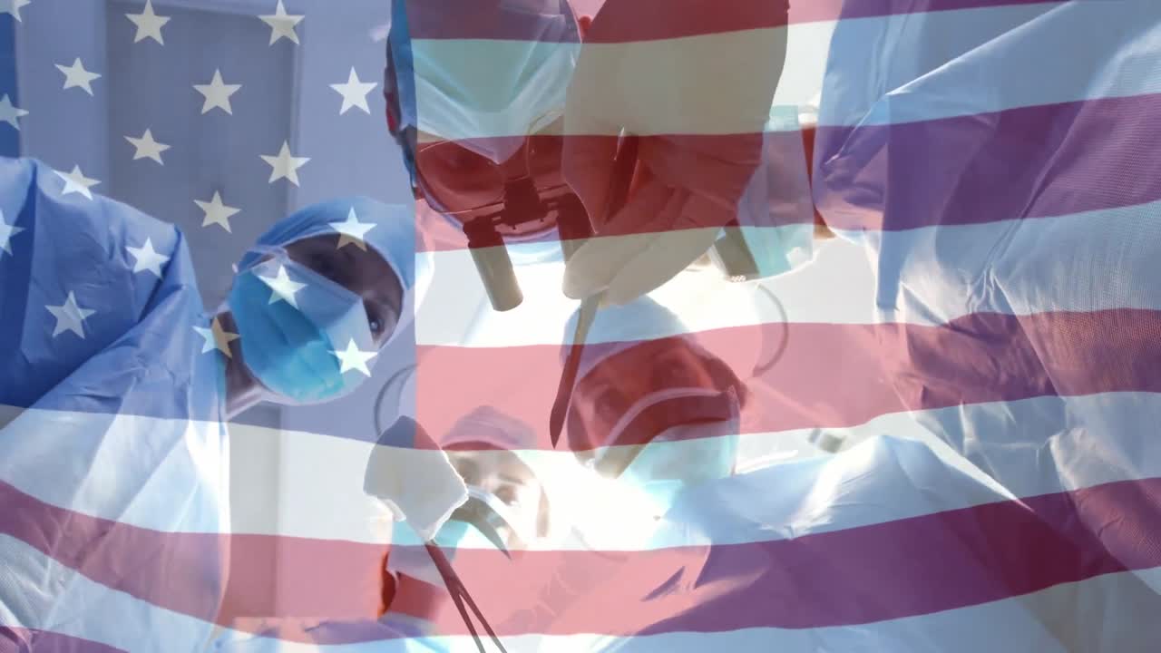 수술실 에서 외과 의사 들 위 에 흔들리는 미국 국기 의 애니메이션