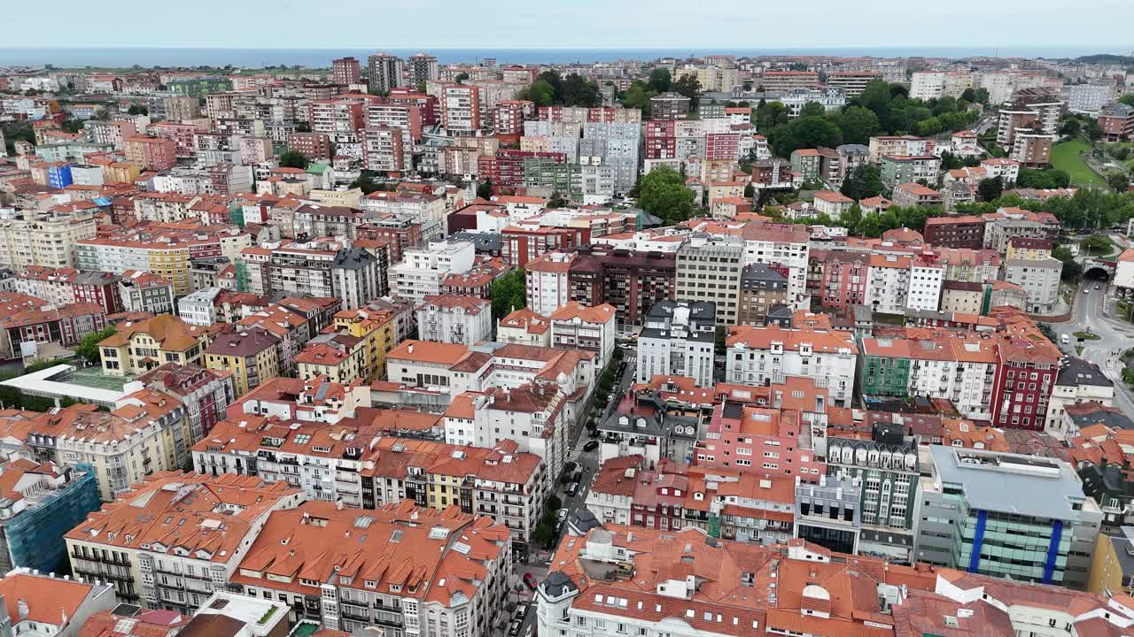 Santander city apartments and streets Spain Panning drone aerial