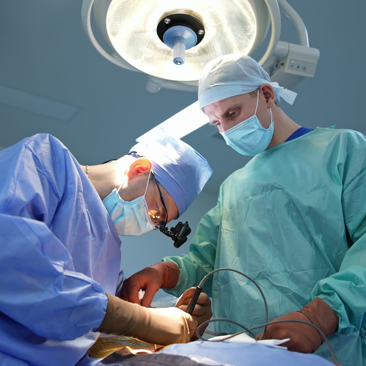 Surgeon bends in a position suitable for applying tools at surgery. Doctor holding instruments in both hands. Low angle view