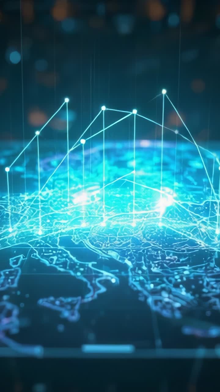 Vertical video: Initiating holographic terrain pulsing network with nodes in blurred map interface