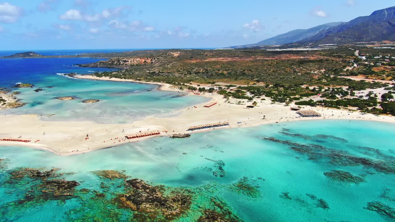 Aerial shot revealing Elafonisi, an incredible beach in the island of Crete, Greece
