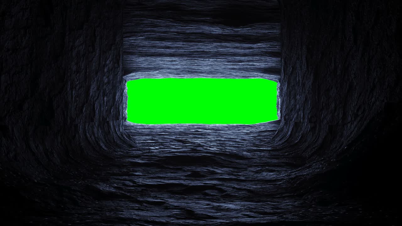 바위에서 날아가는 미래의 동굴, 코리더, 현실적인 녹색 스크린 4k 애니메이션