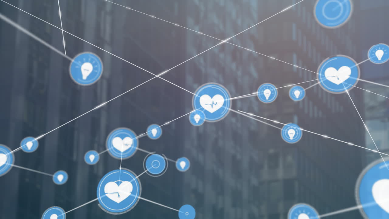 도시 풍경 위의 아이콘으로 연결된 네트워크의 애니메이션