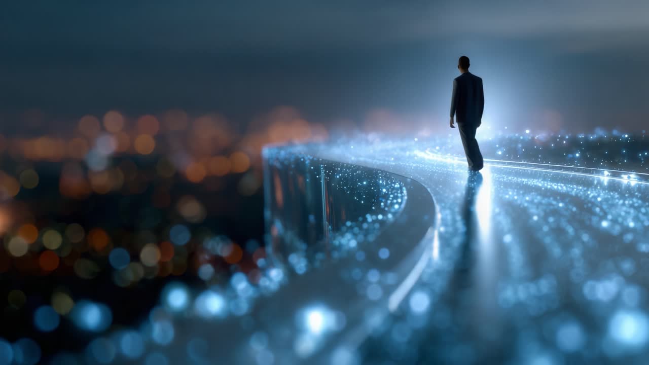 En enspænder står på en futuristisk sti oplyst af funklende lys, der udtrykker temaer som ambition, innovation og rejsen mod succes.