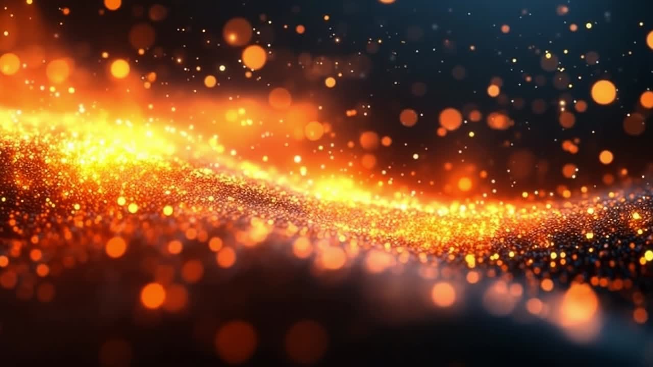 Bagliore scintillante del fuoco nel buio. Particelle arancioni e dorate tremolanti danzano su uno sfondo scuro, creando un'atmosfera calda e incantevole