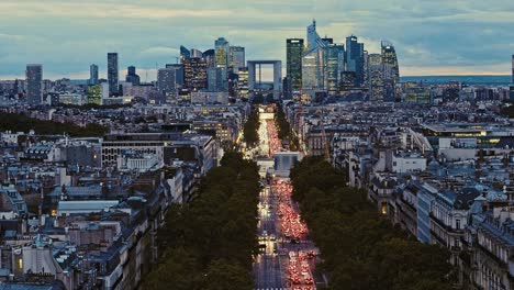 aerial view of la defense, business district in paris, france at night