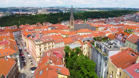 Prague,-Czech-Republic-orange-roof-buildings-old-town,-aerial-European-travel-destination