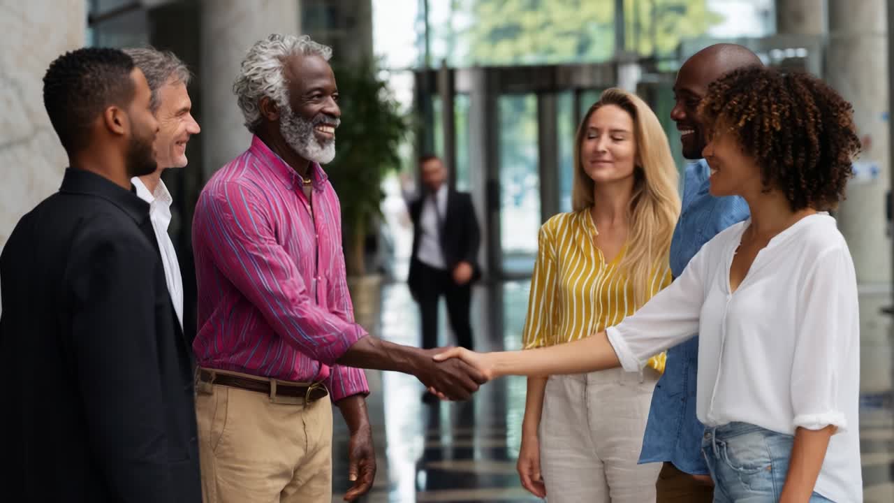 A Warm Interaction Among Diverse Friends in a Modern Urban Space, Highlighting Collaboration and Connection Through Genuine Handshakes and Engaging Conversations in a Professional Environment