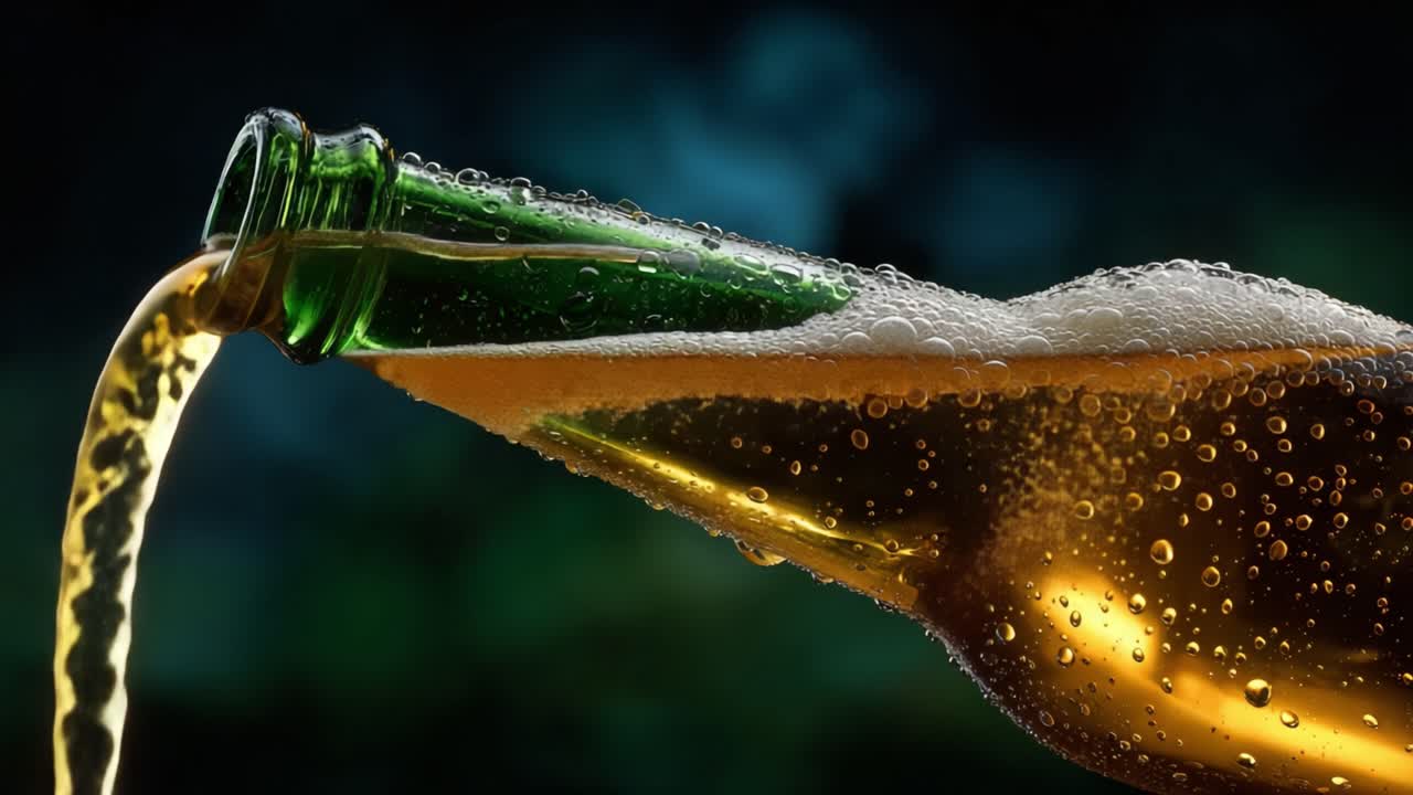 Una vista ravvicinata della birra che si versa da una bottiglia con bolle, catturando il colore ricco e la consistenza rinfrescante della bevanda in un'ambientazione artistica.
