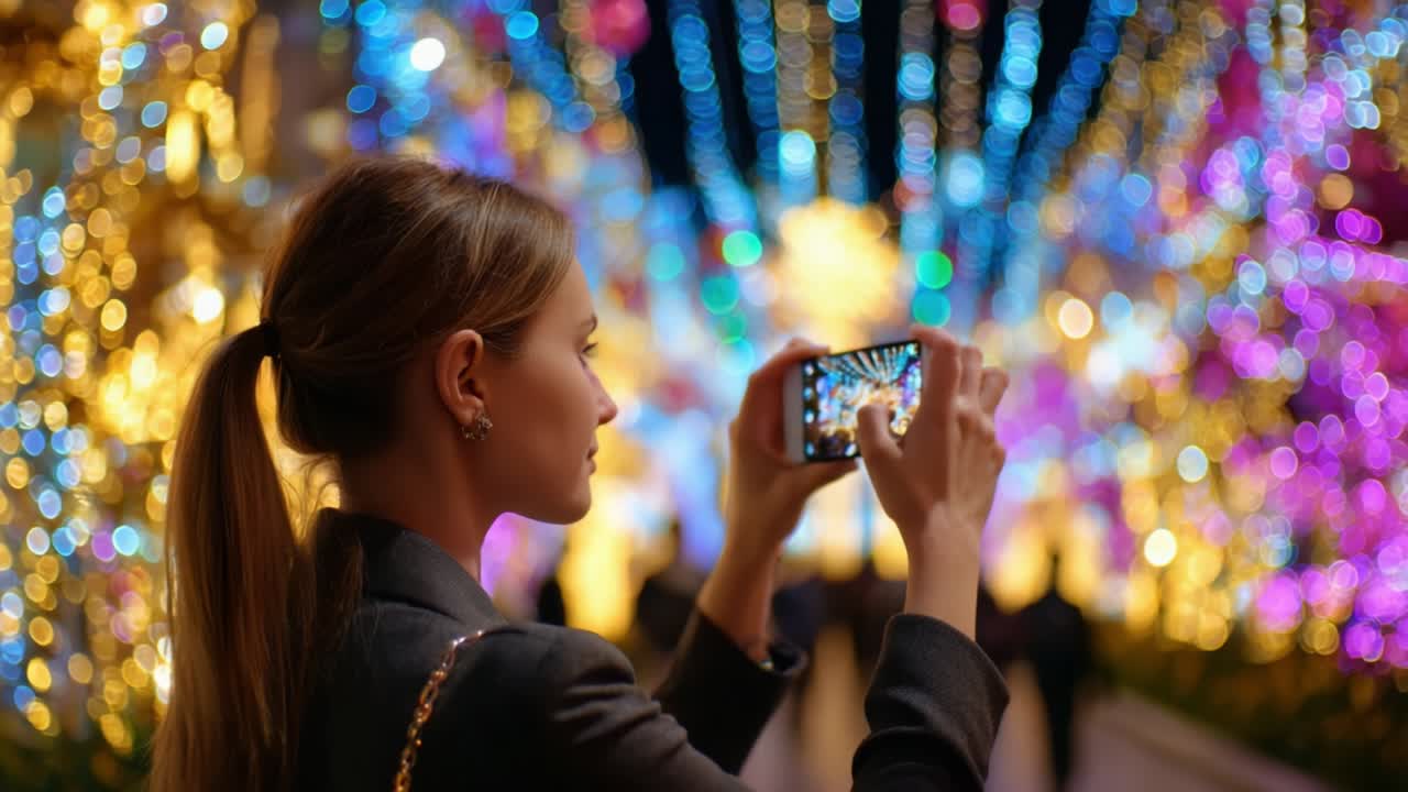Captured Moments: A Woman Photographing Vibrant Holiday Lights with a Smartphone, Surrounded by Colorful Bokeh Effects and Festive Decorations in an Enchanting Evening Atmosphere