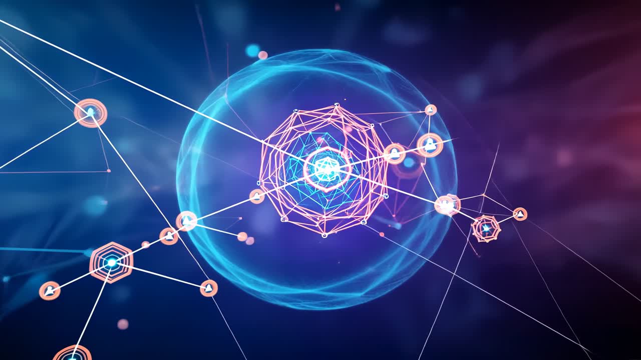 Expanding blue sphere around pink polyhedron connecting nodes with orange avatars in cyberspace