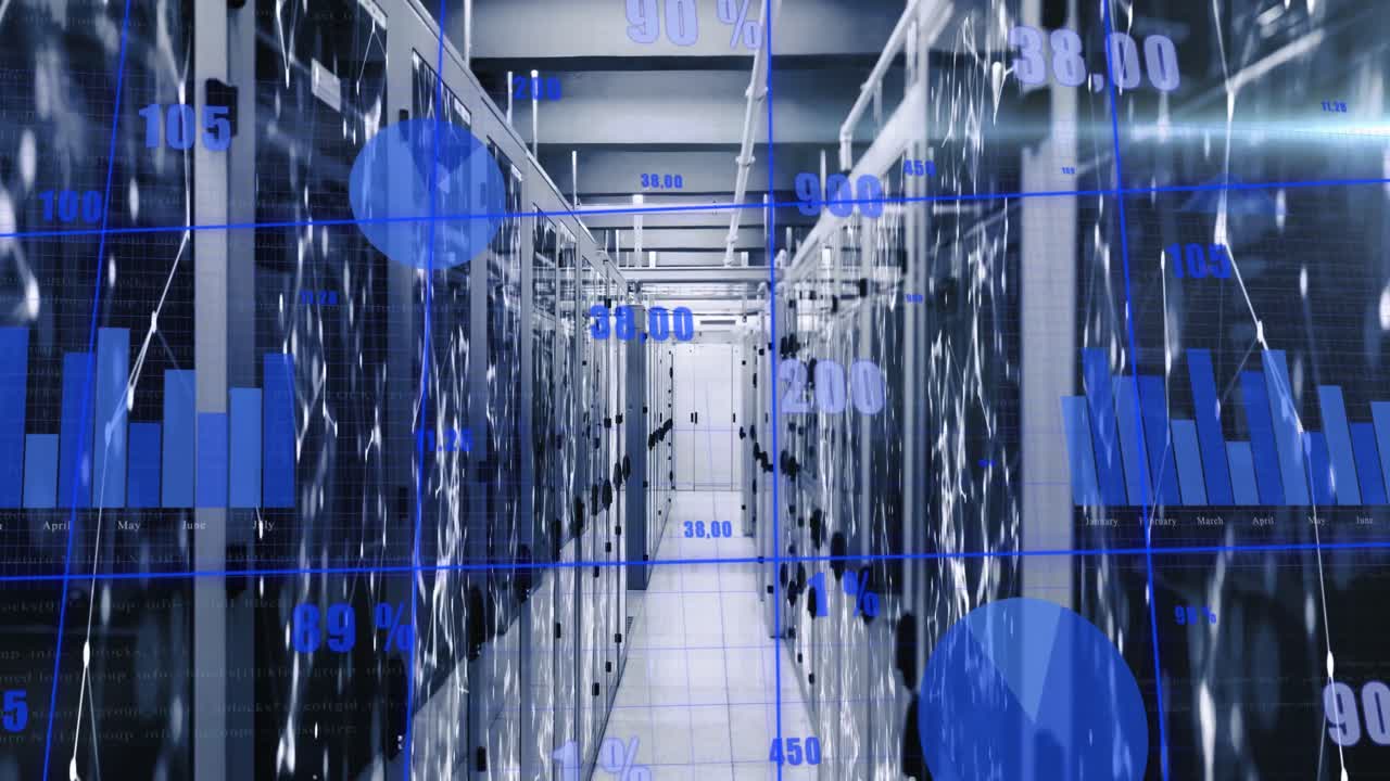 animación del procesamiento de datos estadísticos y la red de conexiones contra la sala de servidores informáticos