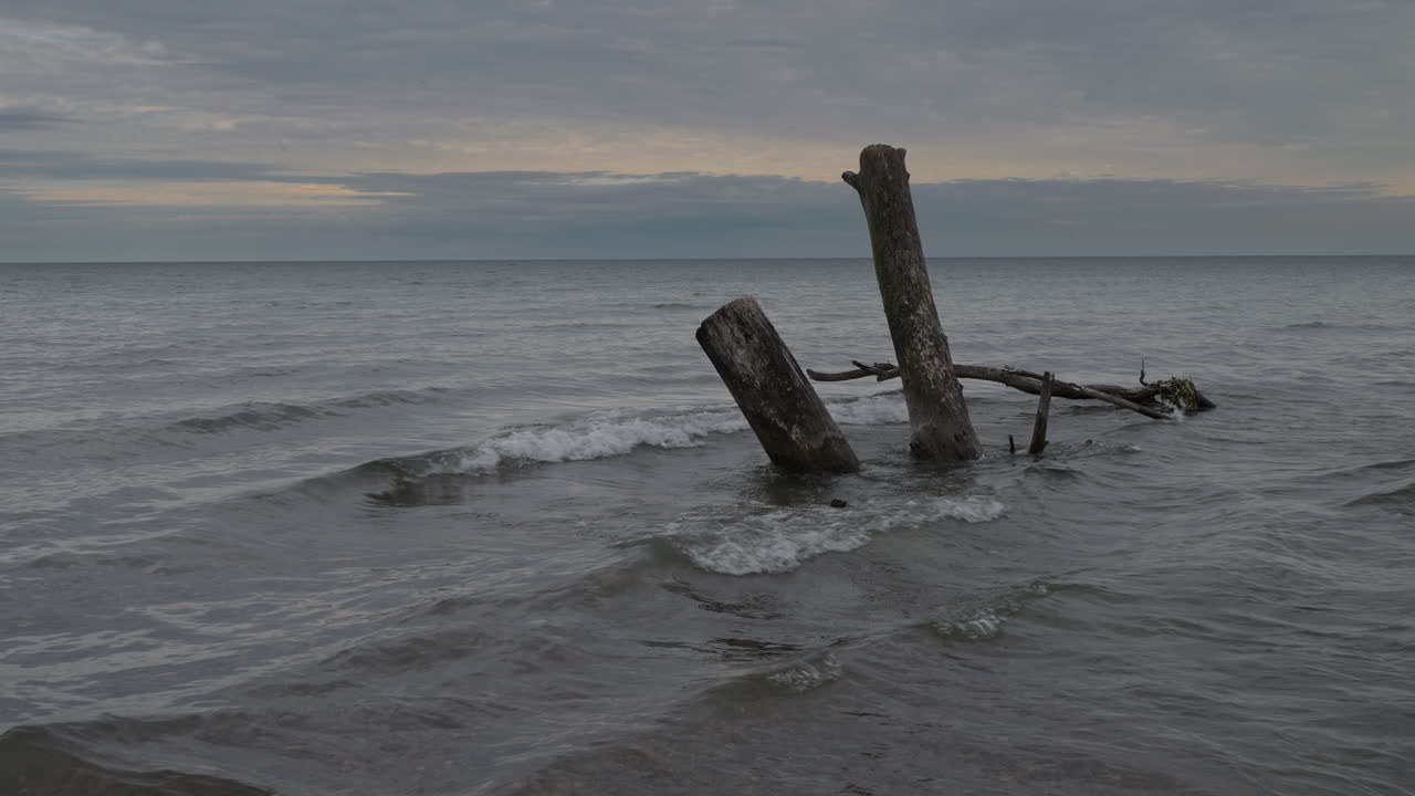 A desolate stretch of water along Lake Ontario with weathered logs sticking out of the waves