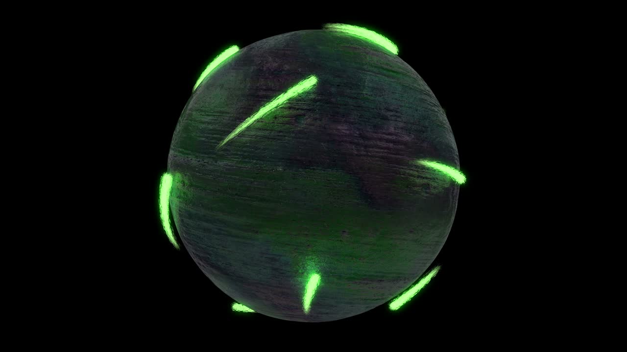 Futuristic ball with alpha channel. Neon particles moving around the sphere. Seamless pattern.