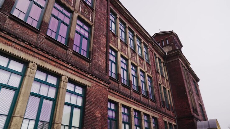 Scatto delle finestre e della facciata dell'edificio scolastico in stile Art Nouveau a Ostrava Vítkovice
