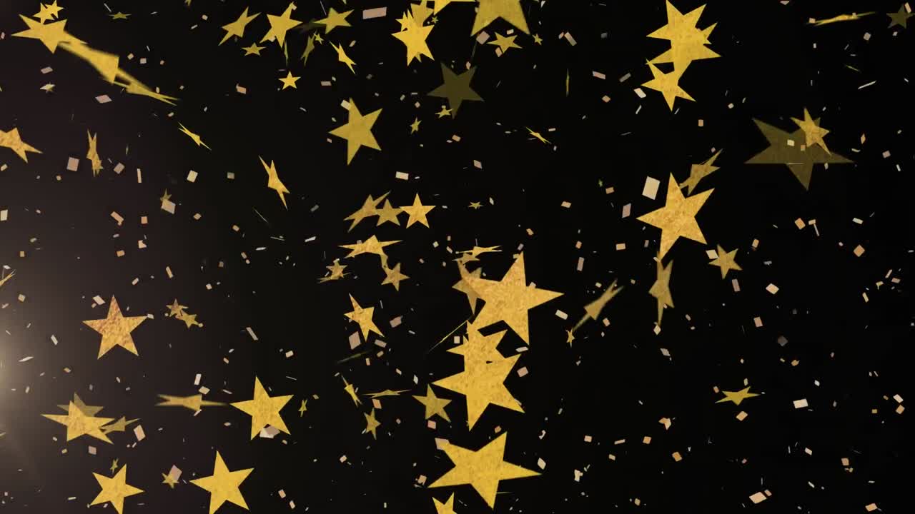 animación de confeti y estrellas sobre fondo negro