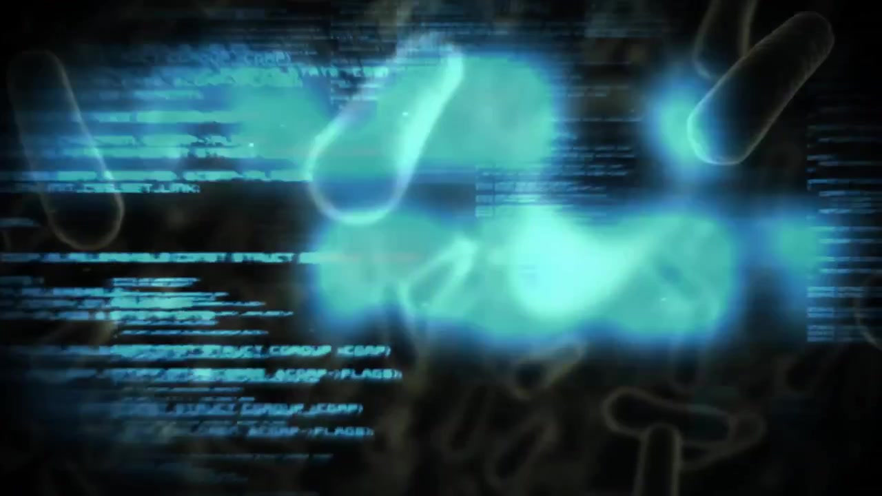 Cyan code cluster emerging from backdrop shifting glitching scrolling showing cyber-biotech fusion