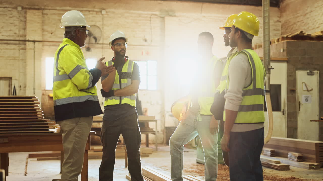 Construction workers in a woodworking factory