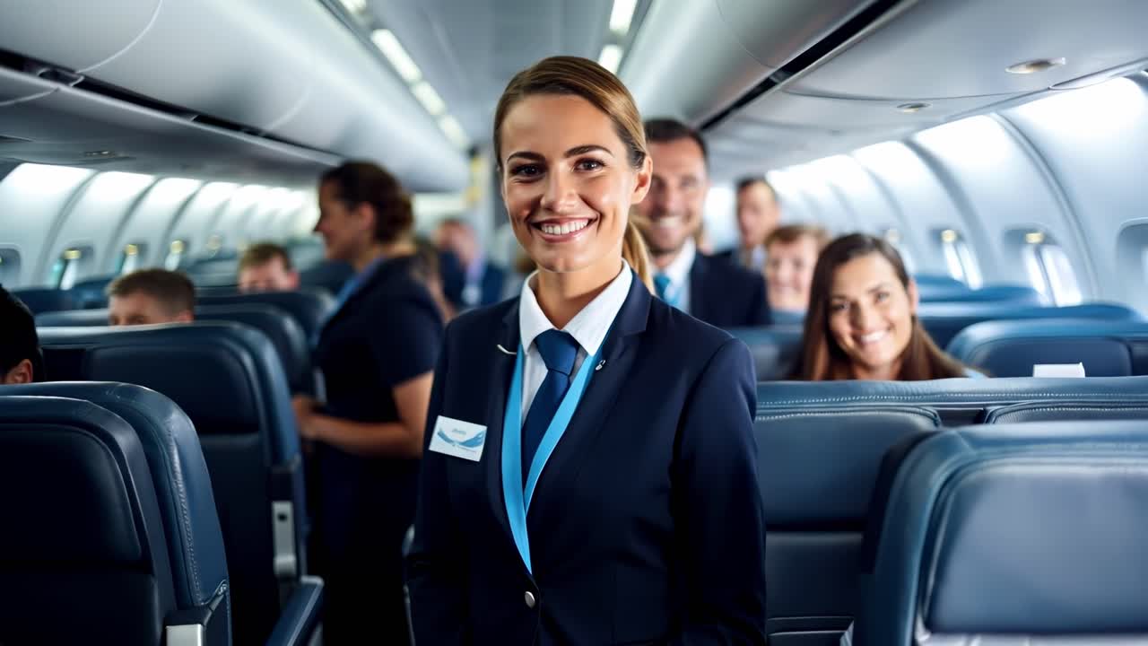 Videobild einer lächelnden FlugbegleiterIn in einem Flugzeuggang, aufgenommen aus einem vorderen Winkel