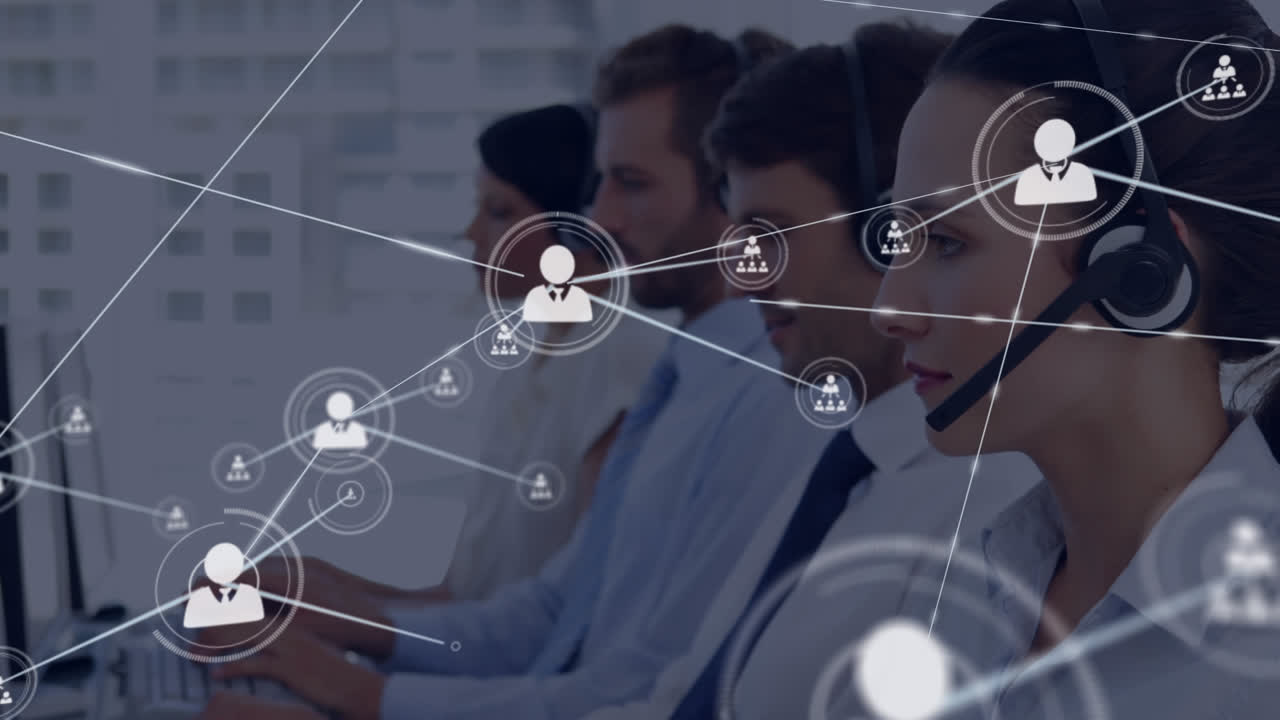 Animation of connected icons over diverse customer representatives working on computer in office