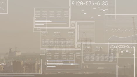 animation of changing numbers, circles and loading bars against fog covered cityscape