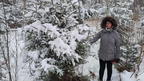 una mujer con una parka de pelo gris lleva una sierra y sacude suavemente la nieve de un árbol de coníferas.