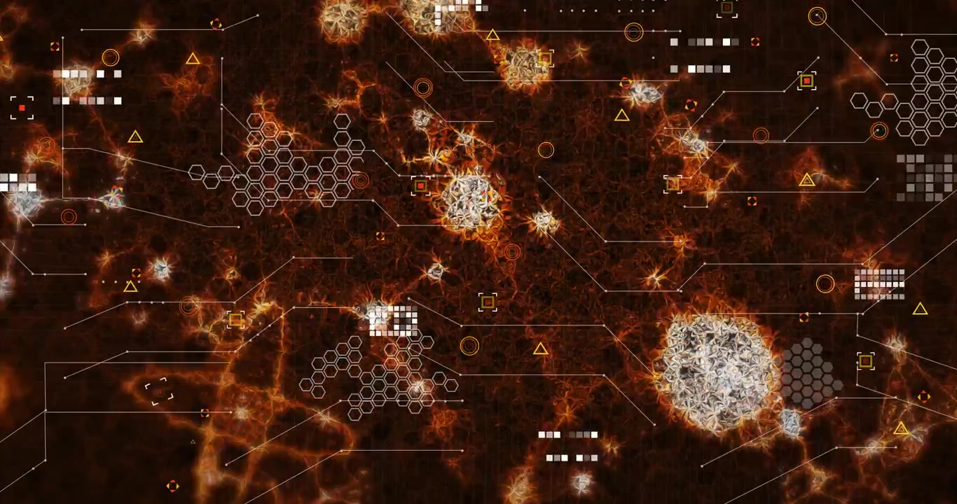 Skannepuls aktiverer nettverksvisualisering, HUD-markører glir, koblinger forbinder klynger, kartlegger data.