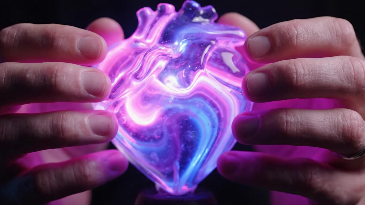 Uma Exibição em Close-Up de um Coração de Vidro Lindamente Trabalhado, Irradiando Cores Vibrantes em um Cenário Escuro, Mostrando as Complexidades da Luz e do Design Através de Habilidade Artística