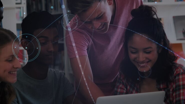 Animation of connected dots, lens flare over diverse students using laptop in library