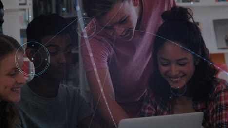 animation of connected dots, lens flare over diverse students using laptop in library