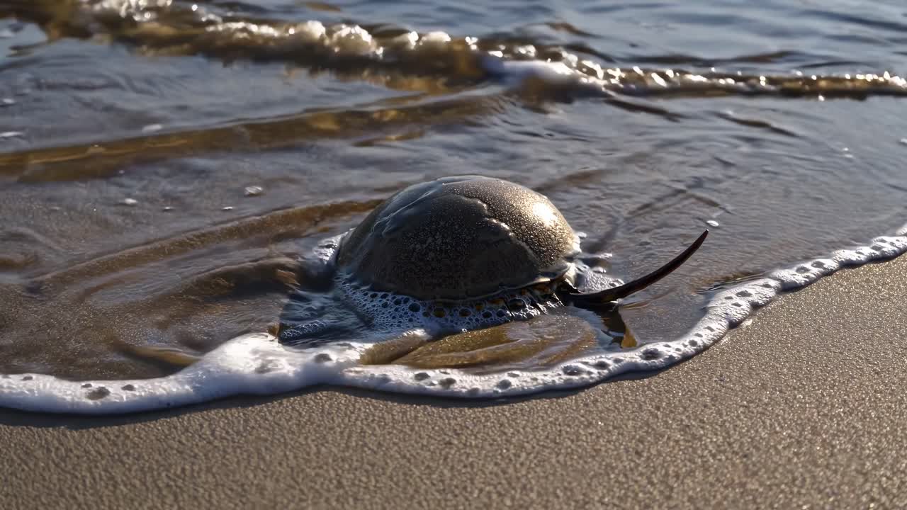 Bidikan video close-up kepiting tapal kuda di pantai berpasir, diambil dari sudut rendah
