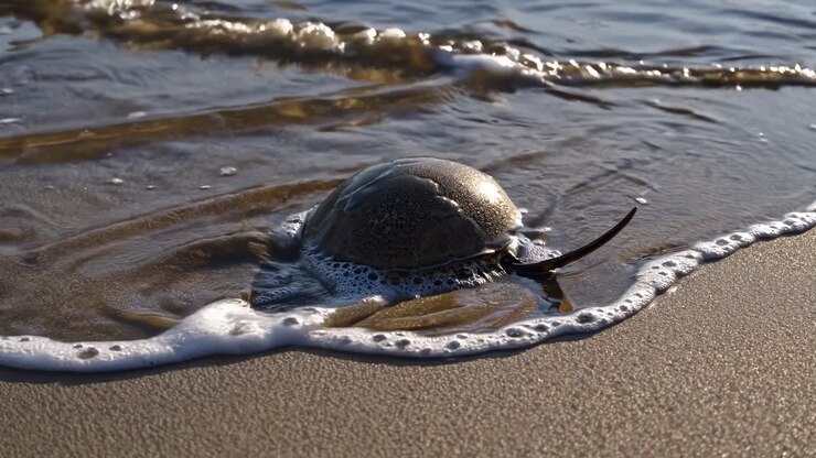 Close-up video shot of a horseshoe crab on a sandy beach, captured from a low angle