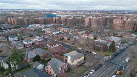 Queens-neighborhood,-New-York-city,-USA.-Aerial-forward